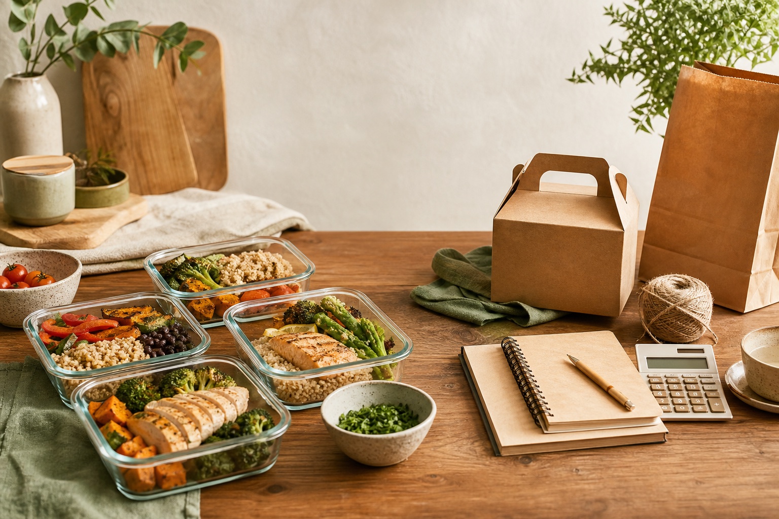 Marmitas organizadas ao lado de materiais para planejar um pequeno negócio de alimentação.